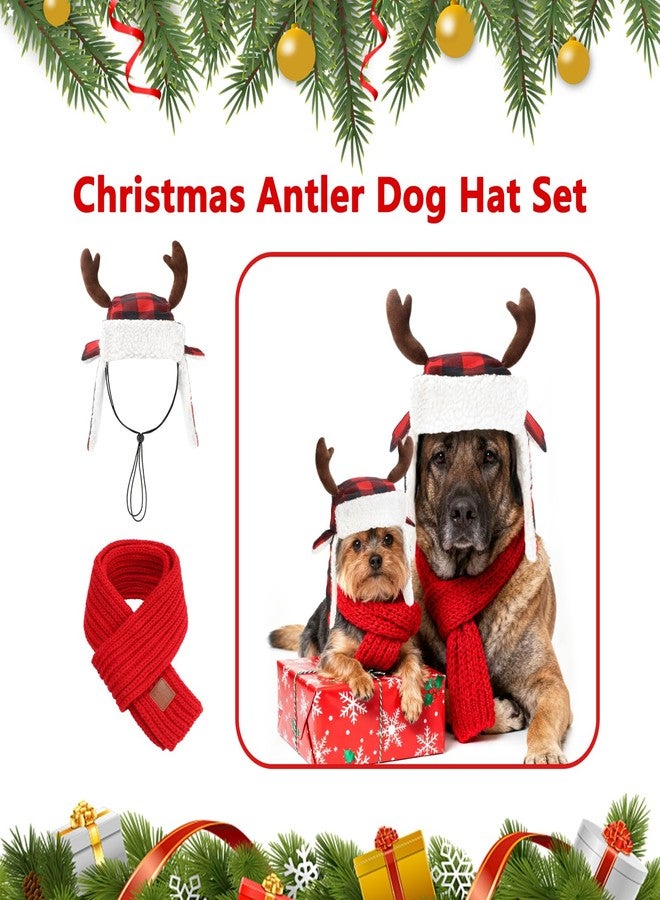 BWOGUE Christmas Antler Dog Santa Hat and Scarf, Adjustable Red Plaid Christmas Dog Hat, Pet Winter Neck Warmer and Festive Party Costumes for Medium to Large Dogs - Image 3